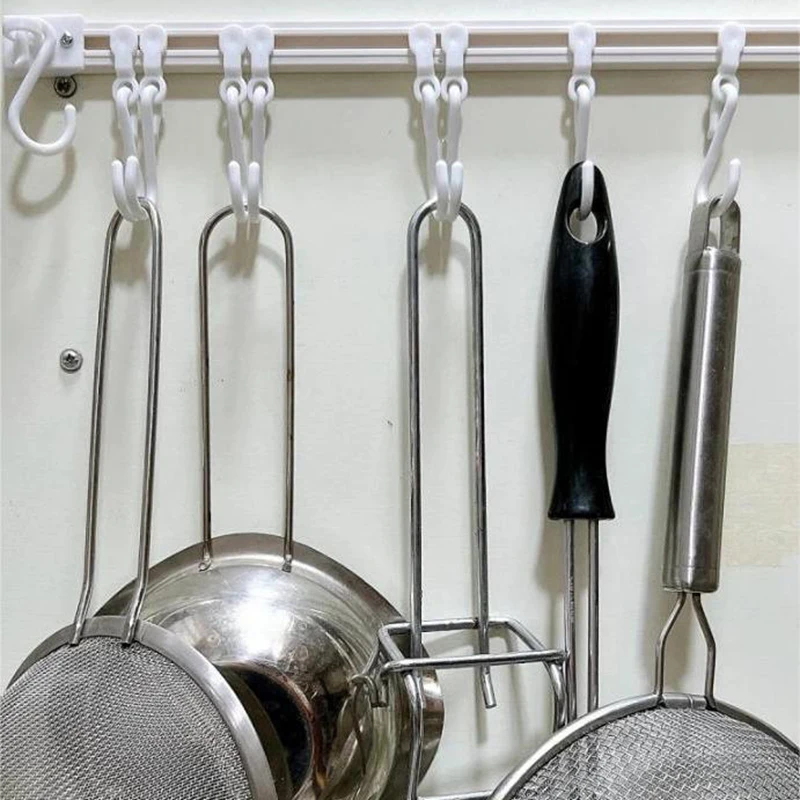 30/40cm Kitchen Rail Sliding Hook with 10pcs S Hooks No Punch Adhesive Cabinet Wall Hanging Hooks for Home Storage Key Organizer