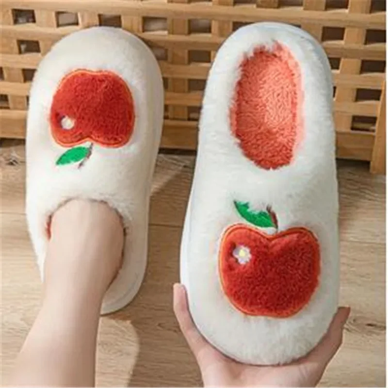 

Thick Fluffy Fur Slippers Women Men 2023 Winter House Warm Furry Slippers Flip Flops Cute Apple Slides Flat Indoor Floor Shoes