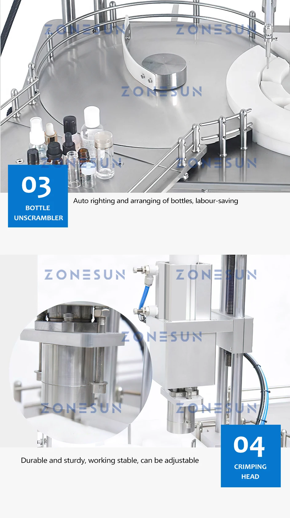 ZONESUN 0.14ml-25ml Automatic Small Vial Bottle Filling Sealing Machine Biological Reagents Oral Liquids Dropper ZS-XBFC20