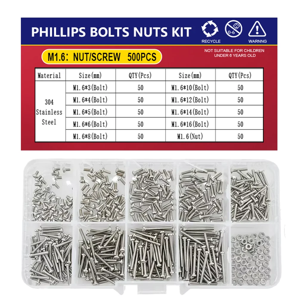 Stainless Steel Screws Screw Bolt Nut Set Screw Washer Nut Kit Small Screws Stainless Steel Glasses Watch Screw Nuts Set Phillips Cross Round Head Motherboard PCB Bolts Kit M1 M1.2 M1.4 M1.6