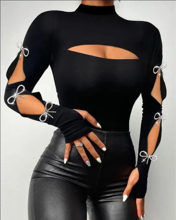 Fashion Woman Blouses 2022 Rhinestone Sexy Cold Shoulder Skinny Top Elegant Long Sleeve T-Shirt Chic All-Match Daily573_voghion.com