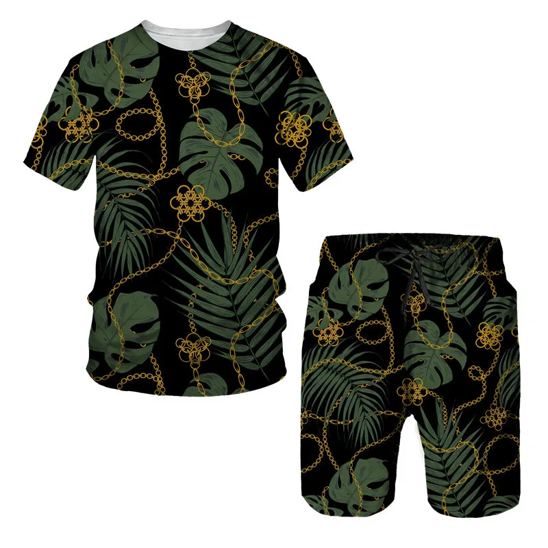 thumbnail image 1 of Conjunto de camiseta y pantalones cortos de manga corta holgados con cuello redondo y cadena de estilo europeo con estampado 3D nuevo de verano para niños, 1 of 5