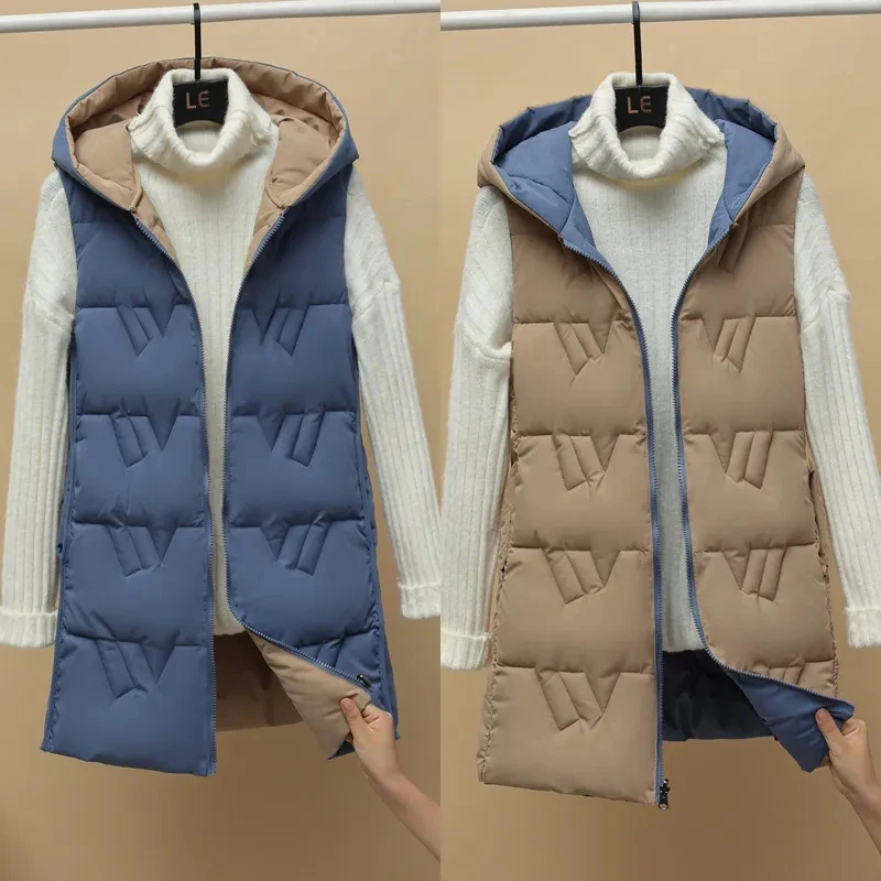 2024 New Double-sided Vest Women's Winter Hooded Waistcoat Korean Autumn Winter Down Cotton Vest Thicken Sleeveless Jacket