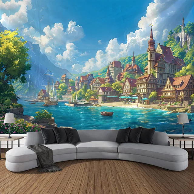 Beau tapisserie murale suspendue de paysage de bord de mer, tapisserie de château de rêve, tissu suspendu pour chambre à coucher, tapis de pique-nique de plage, feuilles de yoga 6