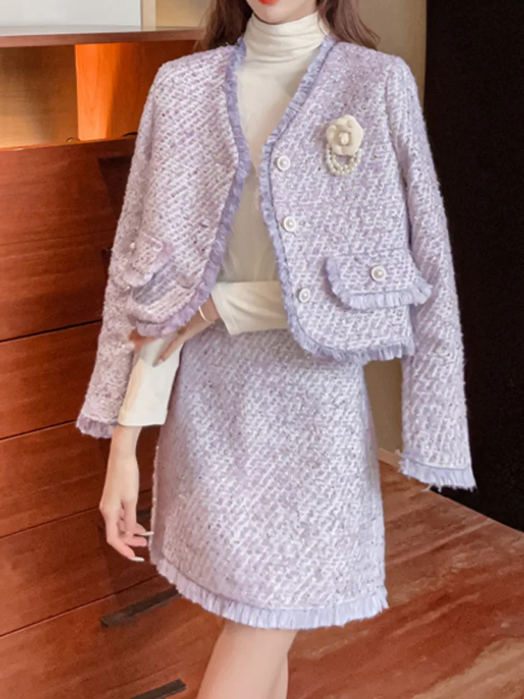 

Autumn Winter New Women's Tweed Two Piece Set Temperament V-neck Sequins Short Jacket Coat + High Waist Tassel Skirt Suit Female