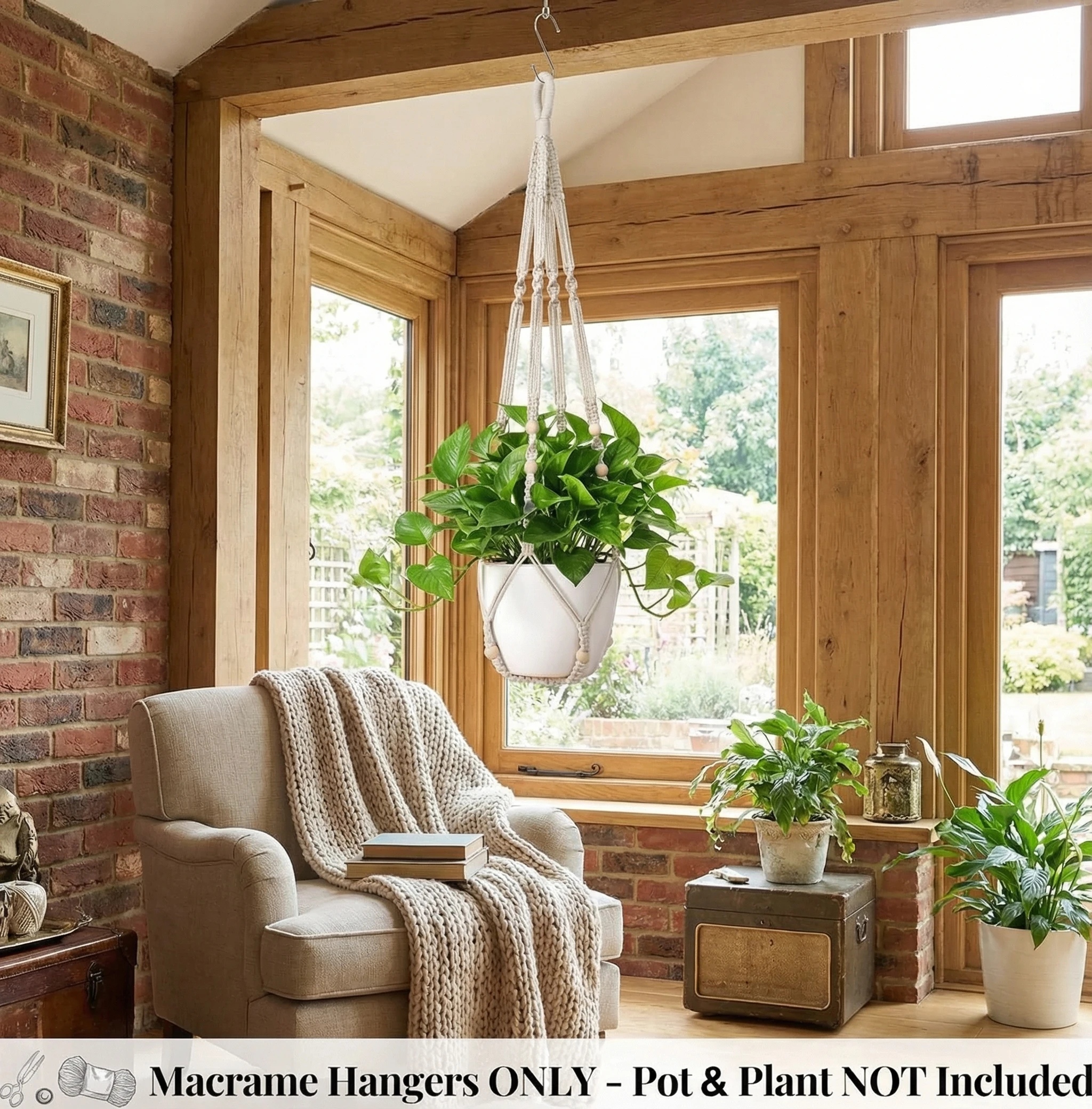 Elegant Macrame Plant Hanger with Hooks and Decorative Wood Beads - Indoor/Outdoor Planter Holder