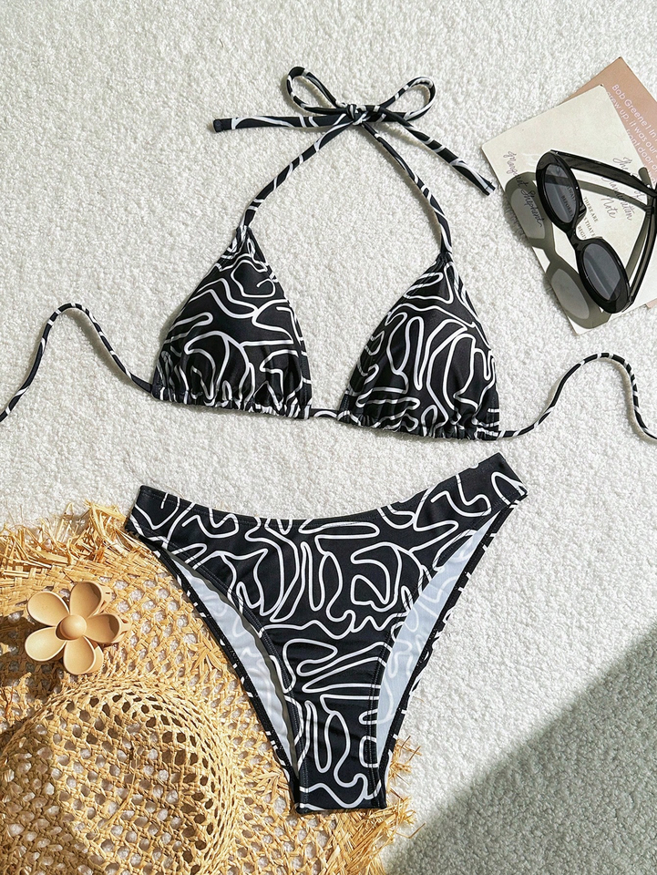 new bikini 2025 European and American swimsuit split stripe print sexy foreign trade bikini swimsuit