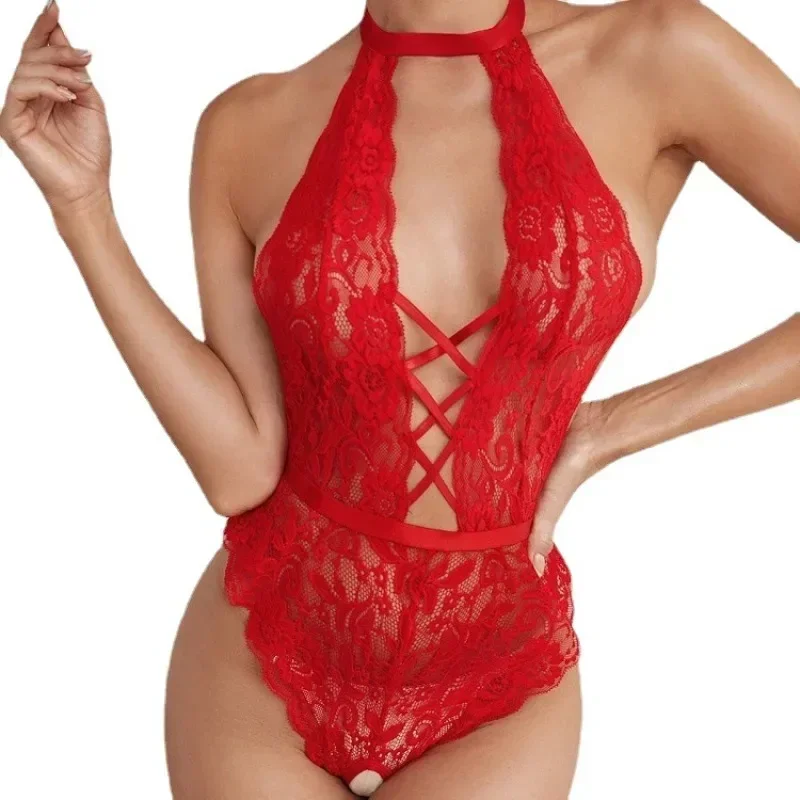 

Top Fashion Sexy Lace Backless Jumpsuit Perspective Bodysuit Open Crotch Women Nightgown Sleepwear Spaghetti Strap Body Shaper
