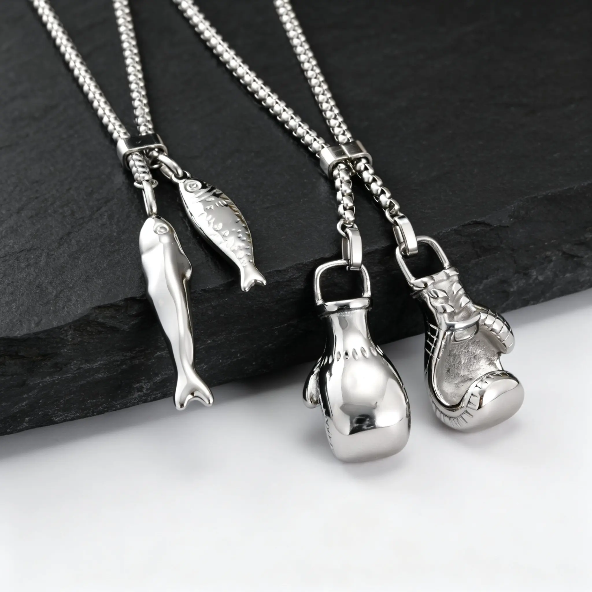 Boxhandschuh-Langhalskette für Männer, Edelstahl-Fisch-Anhänger-Halsketten, Lässige Pulloverkette, Geschenk für Vater, Sohn, BBF