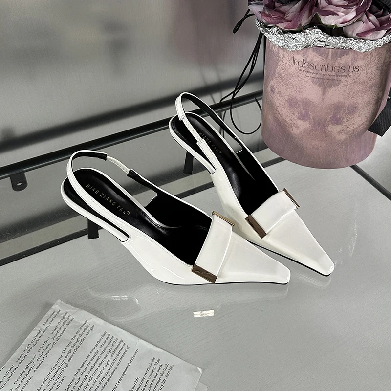 

ZOOKERLIN High Heels Slingback Black White Women's Pumps Metallic Decoration Sandals Pointy Toe Stiletto Party Dress Shoes Woman