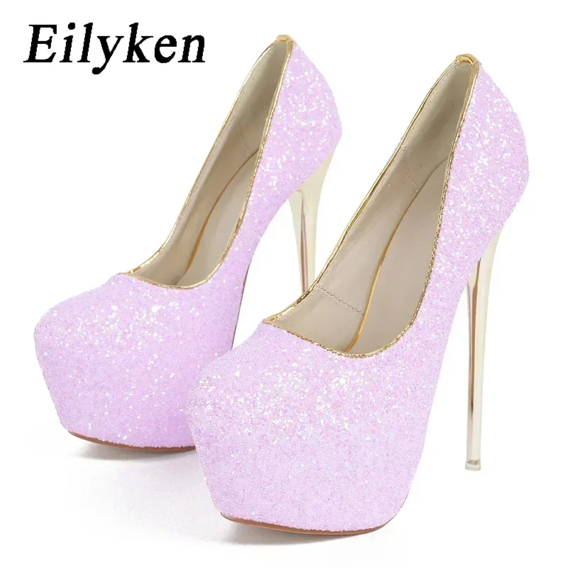 

Eilyken Sexy Sequined Cloth Round Toe Wedding Women Pumps Fetish 16CM Stiletto High Heels Stripper Shoes Plus Size 35-45