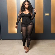 

Wishyear 2022 Mesh Sheer Jumpsuit Spaghetti Strap Bodycon Y2k Clothes for Women Long Sleeve Backless One Piece Club Outfits