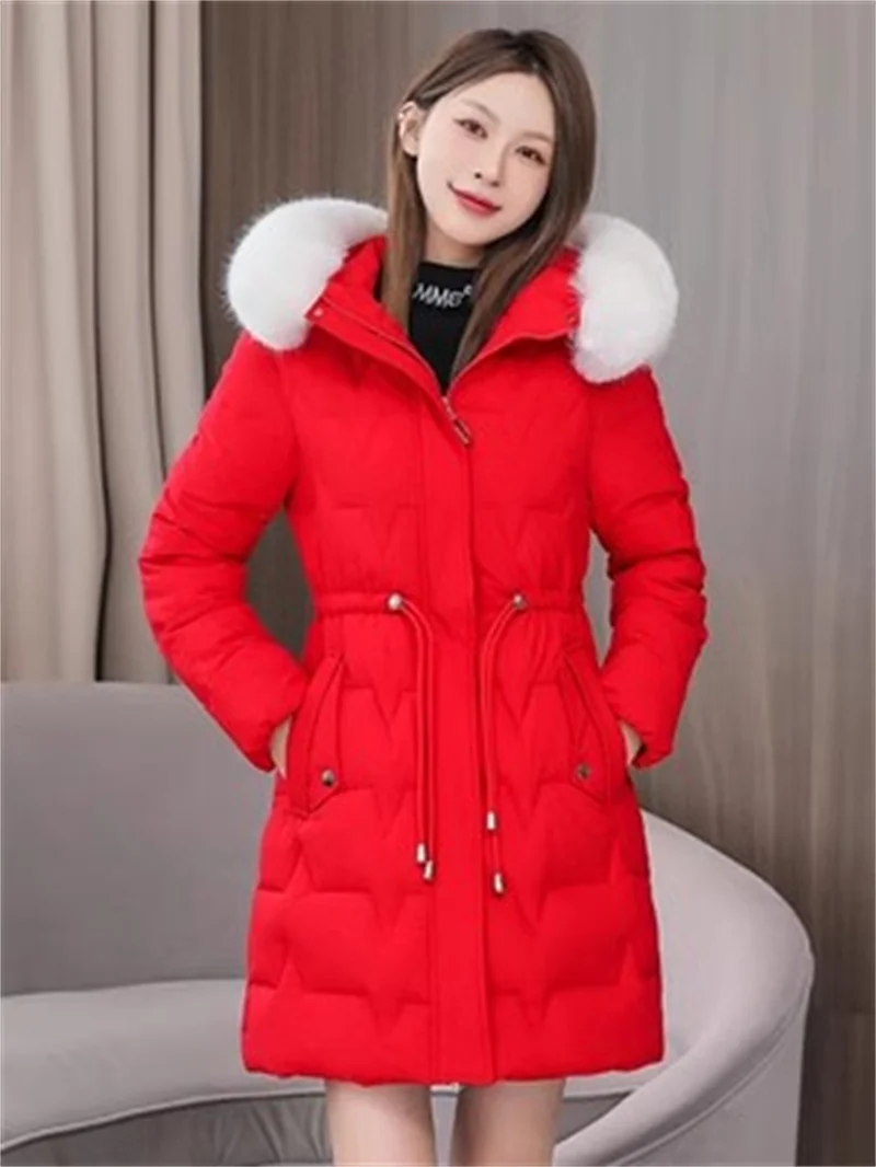 2024 Winter Women New Korean Down Cotton Coat  Warm Cardigan  Female Medium Length Loose Thickened Waistband Slim Cotton Jacket