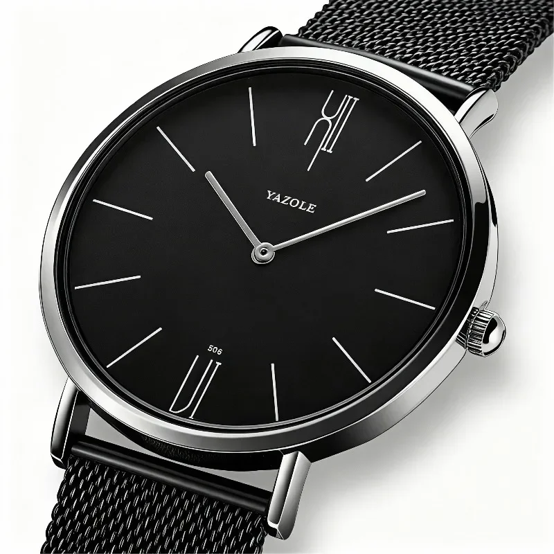 Men's Minimalist Ultra-Thin Quartz Watch with Metal Mesh Band