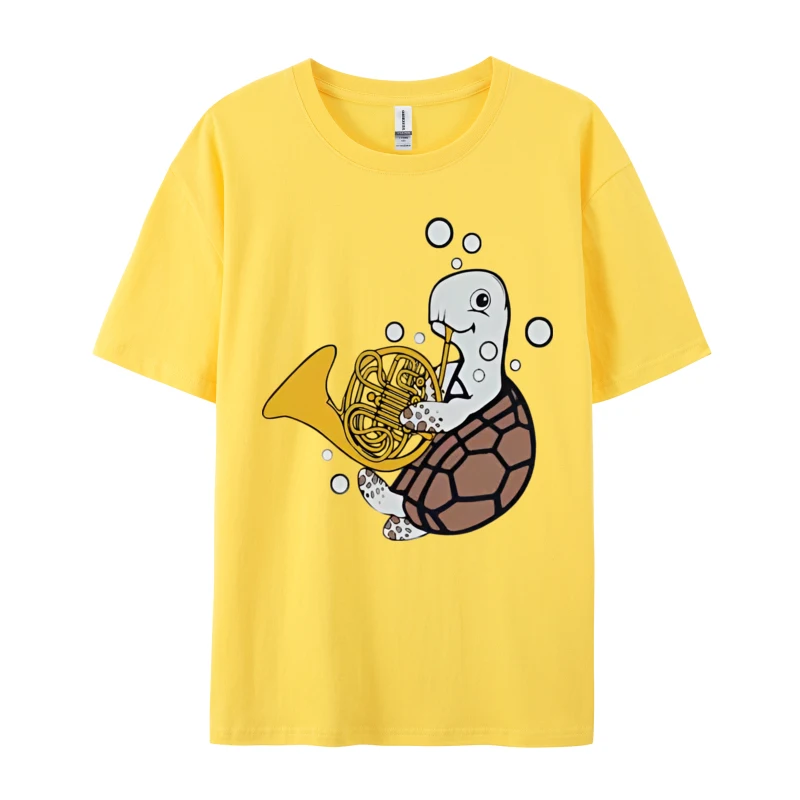 FrenchHornPlayerMusicSeaTurtleFr Tops Shirts 2024 Hot Sale Round Neck T-Shirt Camisa Short Sleeve All Cotton Male Sweatshirts FrenchHornPlayerMusicSeaTurtleFr yellow