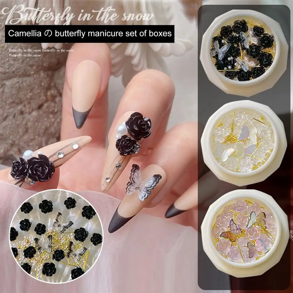 

1 Box Nail Camellia Pearl Butterfly Nail Charms DIY 3D Acrylic Black White Sparkling Camellia False Pearl Nail Art Decor