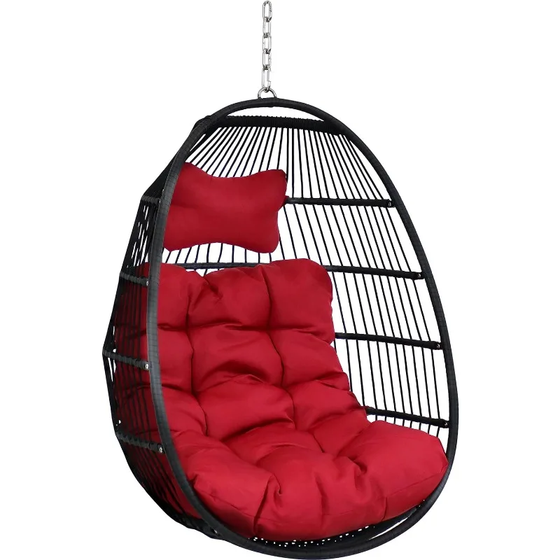 

Julia Hanging Egg Chair - Black Polyethylene Wicker Frame with Red Polyester Cushions - 44 Inches Tall