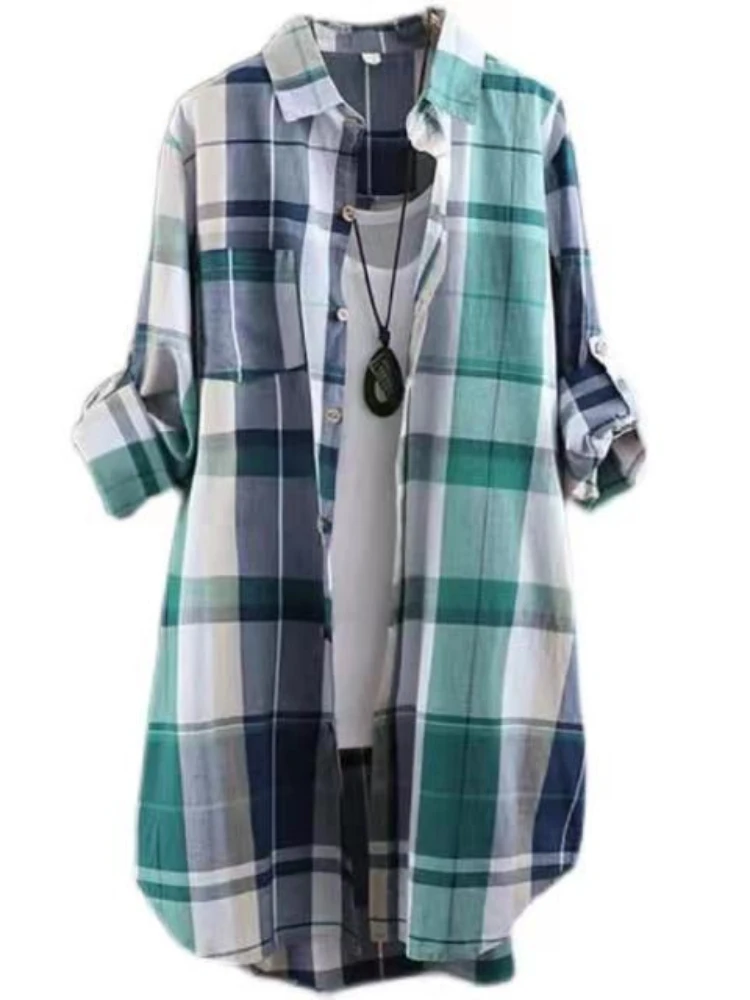 Plus Size Cotton Mid Length Plaid Print Women Autumn Shirts Casual Female Korean Fashion Long Sleeve Single-breasted Blouses Best Sellers In Plus Sized Clothing