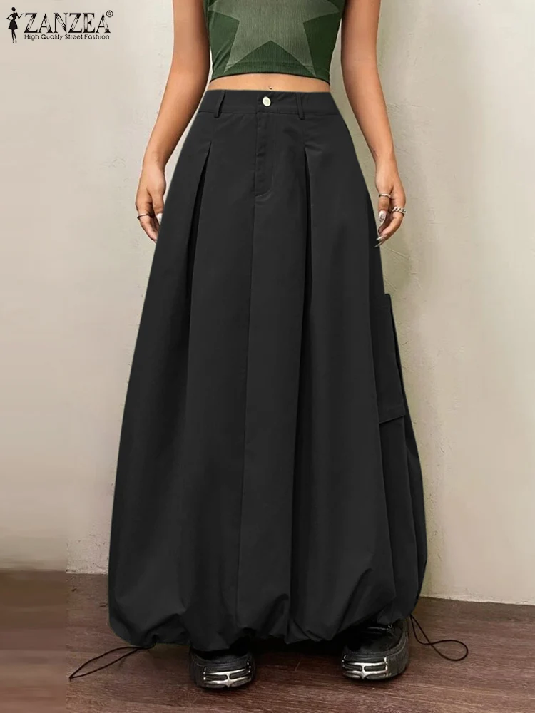 

ZANZEA Streetwear Fashion Faldas Oversize Maxi Skirt 2023 Autumn Women Casual Elastic Waist Solid Skirts Loose Pocket Long Jupe