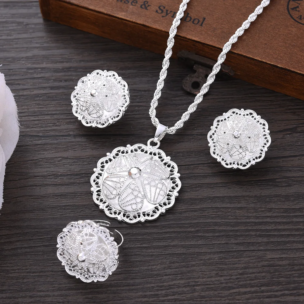 Ethiopian Silver Jewelry Set – Platinum Plated African Eritrean Necklace & Earrings