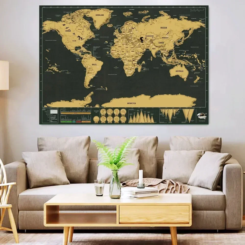 

1PCS Gold World Scratch off Maps Posters, Perfect Travelers Maps With National Flag for Room Office Wall Decor Sticker Painting