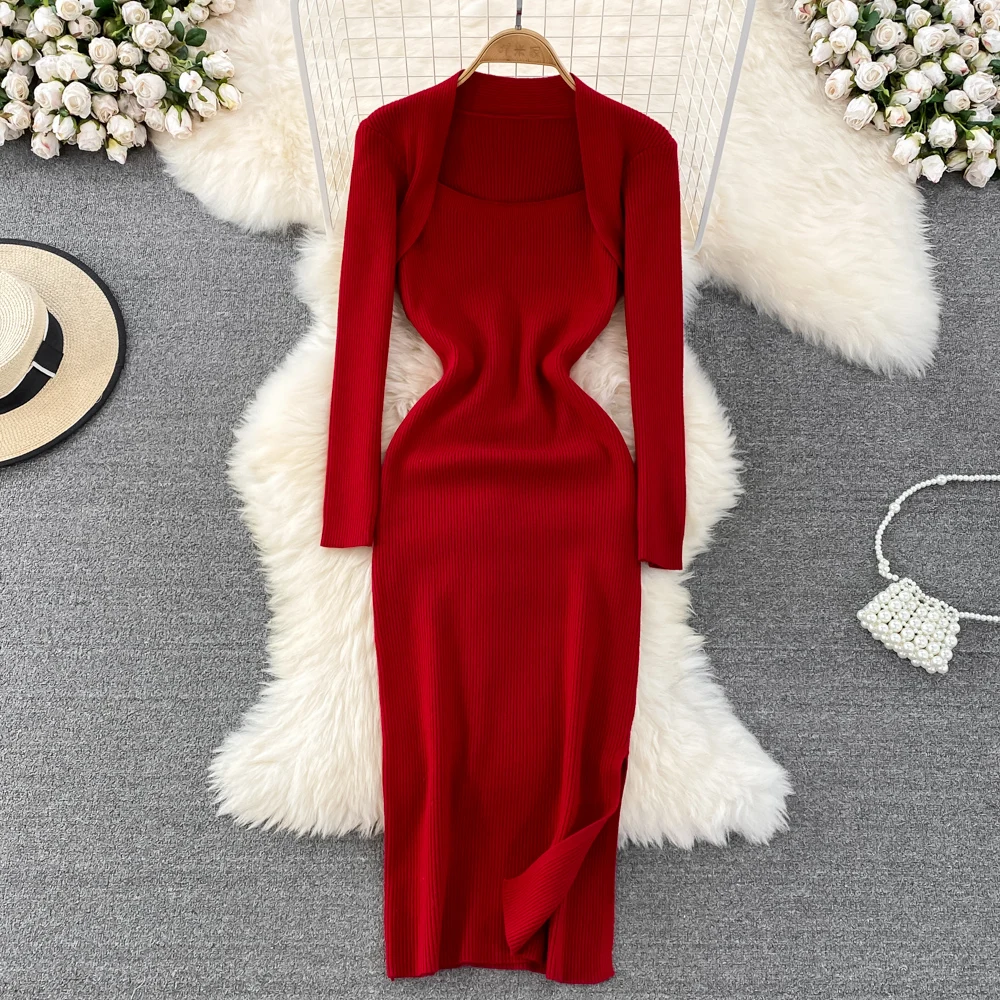 

Autumn and Winter Square-neck Long-sleeved Slim Fit and Slim Knitted Design Package Hip Slit Dress