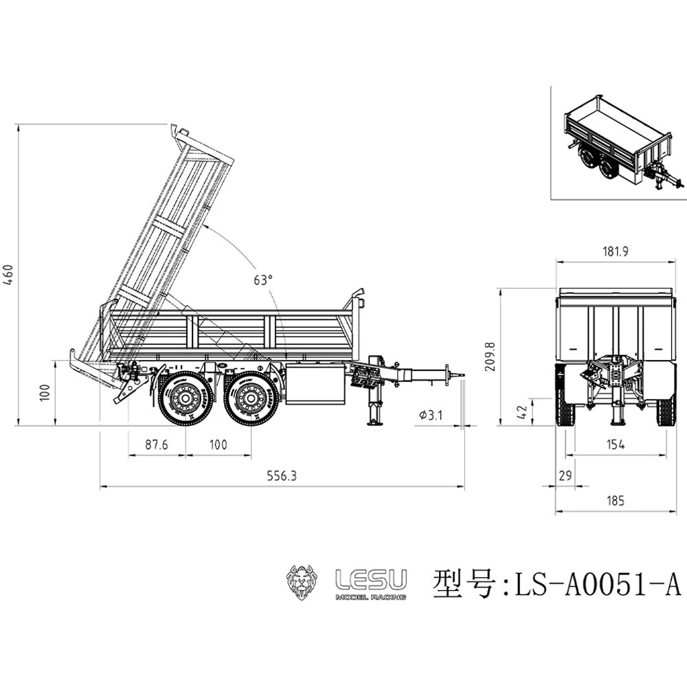 LESU 1/14 RC Hydraulic Full Trailer 2 Axles Kits Lifting Legs Metal with LED Lights for Remote Control DIY Tractor Truck TH23105 6