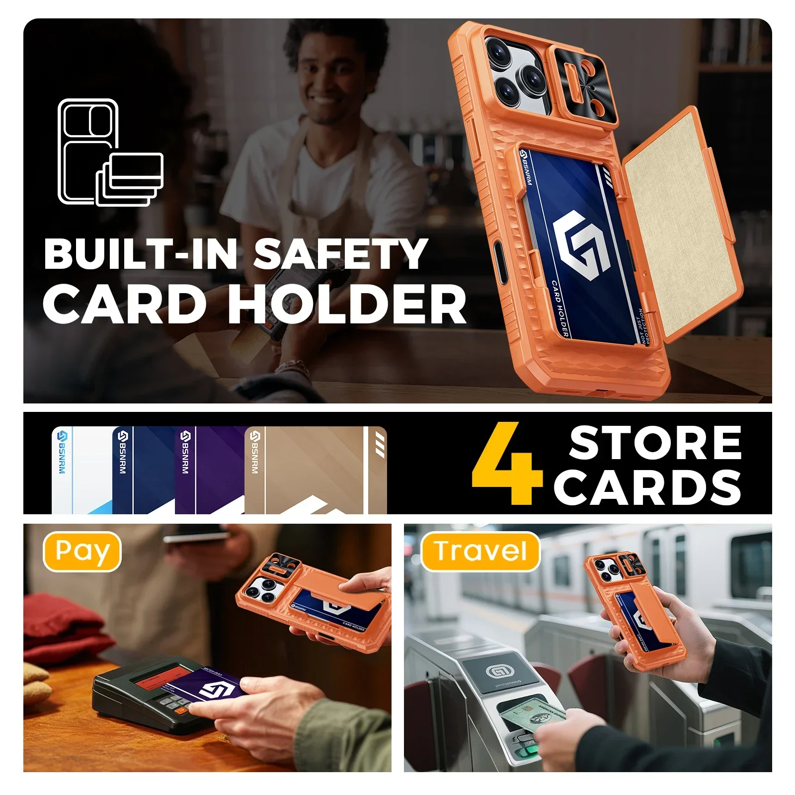 Premium Full Body Protective Wallet Case with Card Holder & Kickstand - Orange