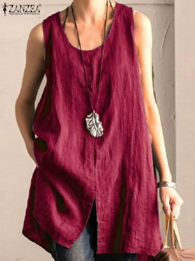 Vintage Solid Tanks Tops Loose Beach Blusas Cotton Camis Tunic ZANZEA Women Sleeveless Blouse Summer Split Shirt Casual Chemise 1