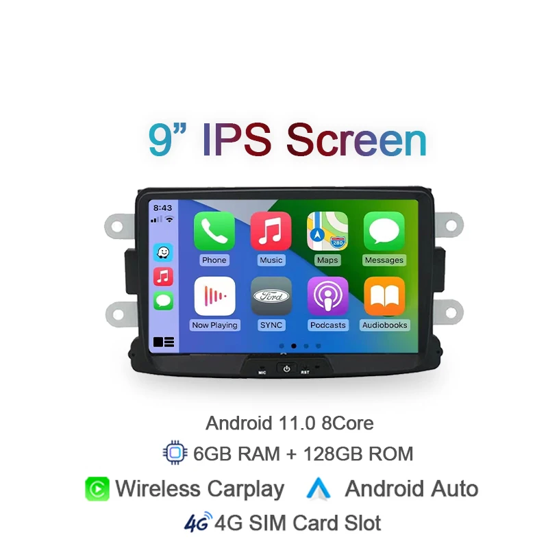 Podofo Android 10 Car Radio 8G+128G WIFI 4G 8 Cores Ai Voice Carplay GPS 8  Inch 2 Din DSP For Dacia Sandero/Duster/Dokker/Logan