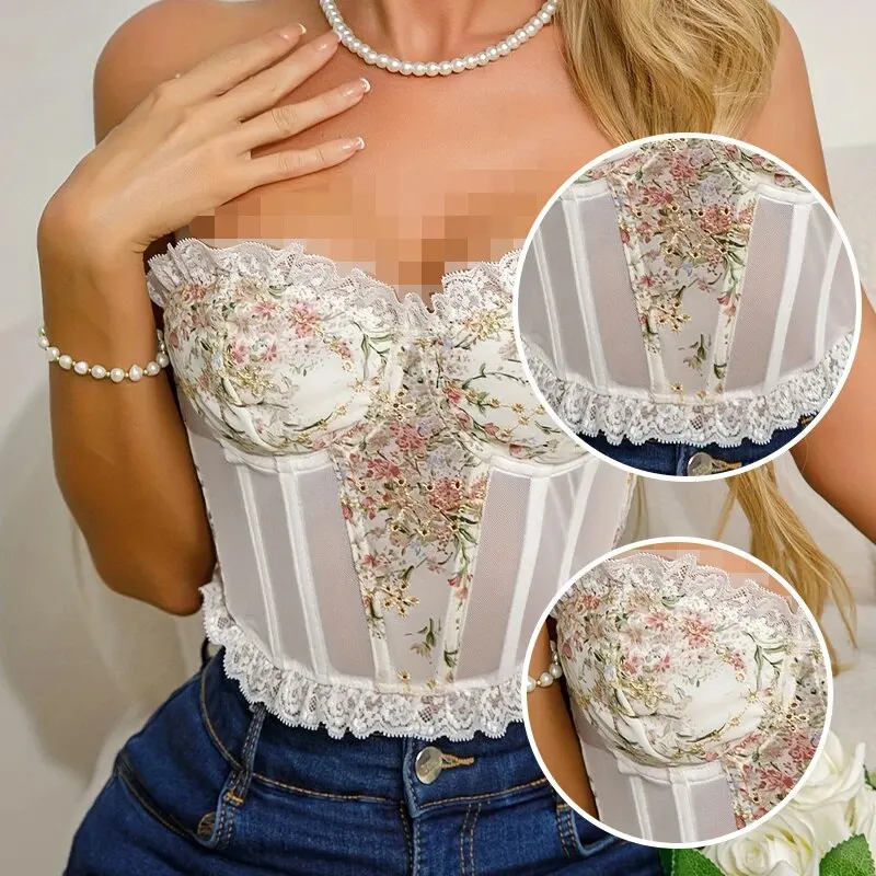 Women Lingerie Bra Lace Mesh Fish Bone Chest Flower Embroidered Strapless Top