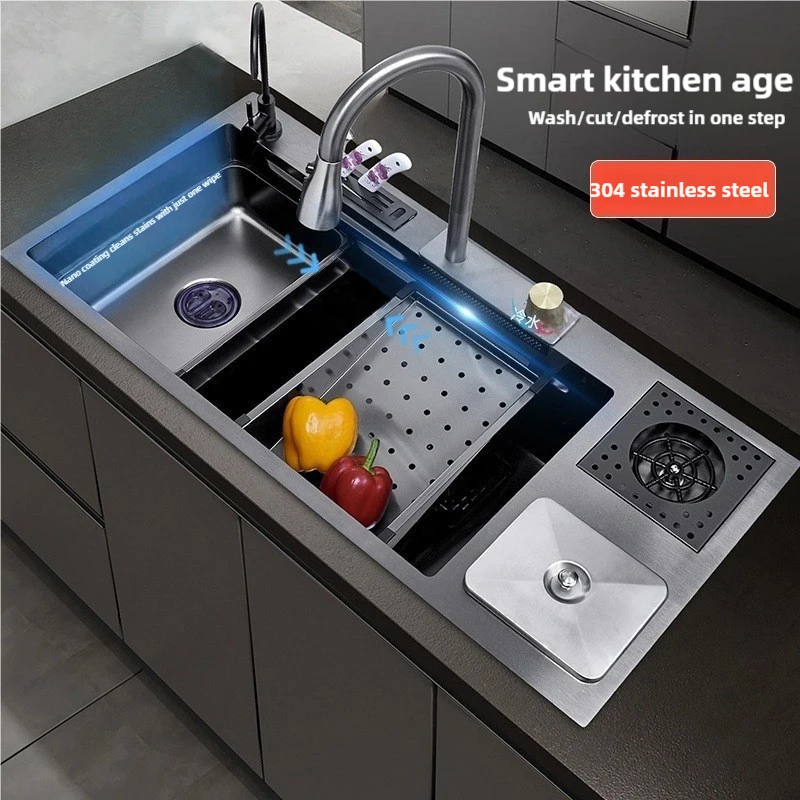 Kitchen Large Single Sink Waterfall Multifunctional Large Spout Pressurised Dishwashing and Vegetable Kitchen Sinks