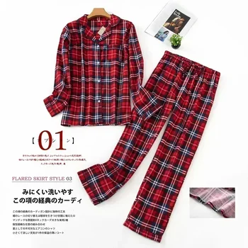 Women's Pajamas Plus Size S-XXXL Clothes Ladies Flannel Cotton Home Wear Suit Autumn Winter Pajamas Plaid Print Sleep Tops 1