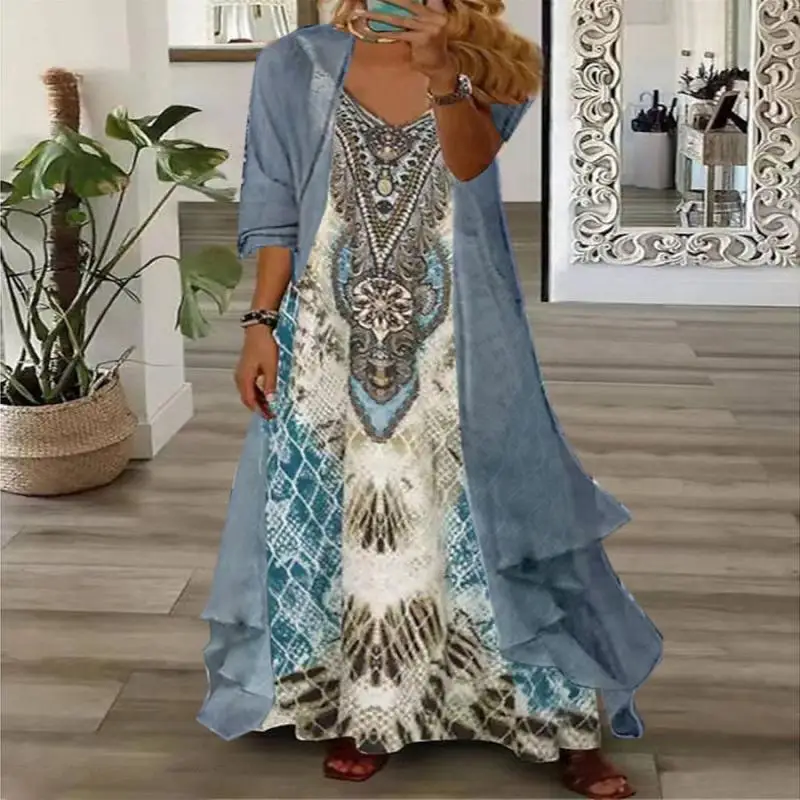 

Plus Size Women's Half Sleeve V-neck Graphic Printed Two Pieces Maxi Dress-Petite Size Available