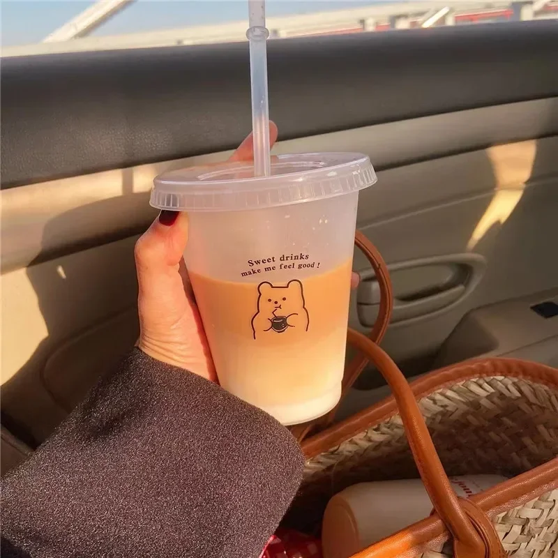 470/700ml 귀여운 한국어 스타일 PP 소재 휴대용 물병 커피 주스 우유 차 컵 플라스틱 쿨 컵 뚜껑 짚 재사용 가능
