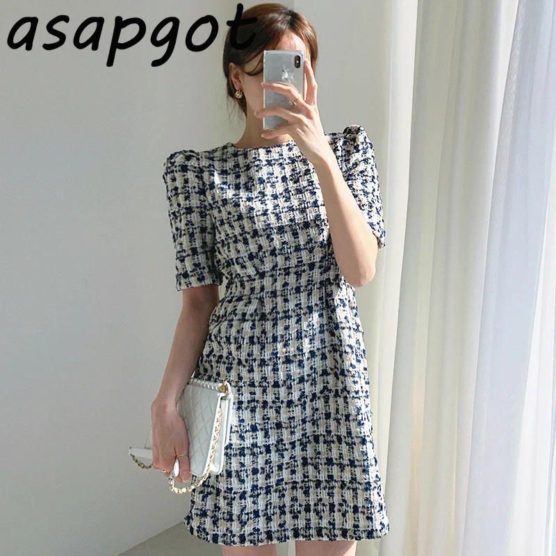 

Fashion Autumn Lady Light Mature O Neck Waist Slim Puff Short Sleeve A-line Plaid Tweed Dress Women Mini Vestido