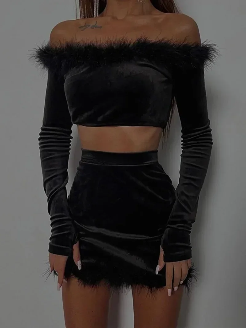 2024 Sexy Fur Patchwork Two Piece Velvet Dress Sets for Women Red Black Long Sleeve Cropped T-shirt and High Waist Skirt Suit
