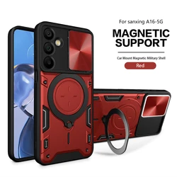 Slide Lens Protect Armor Phone Case with Magnetic Ring Holder and Car Mount Back Cover for Galaxy A16 5G (Js-Red)