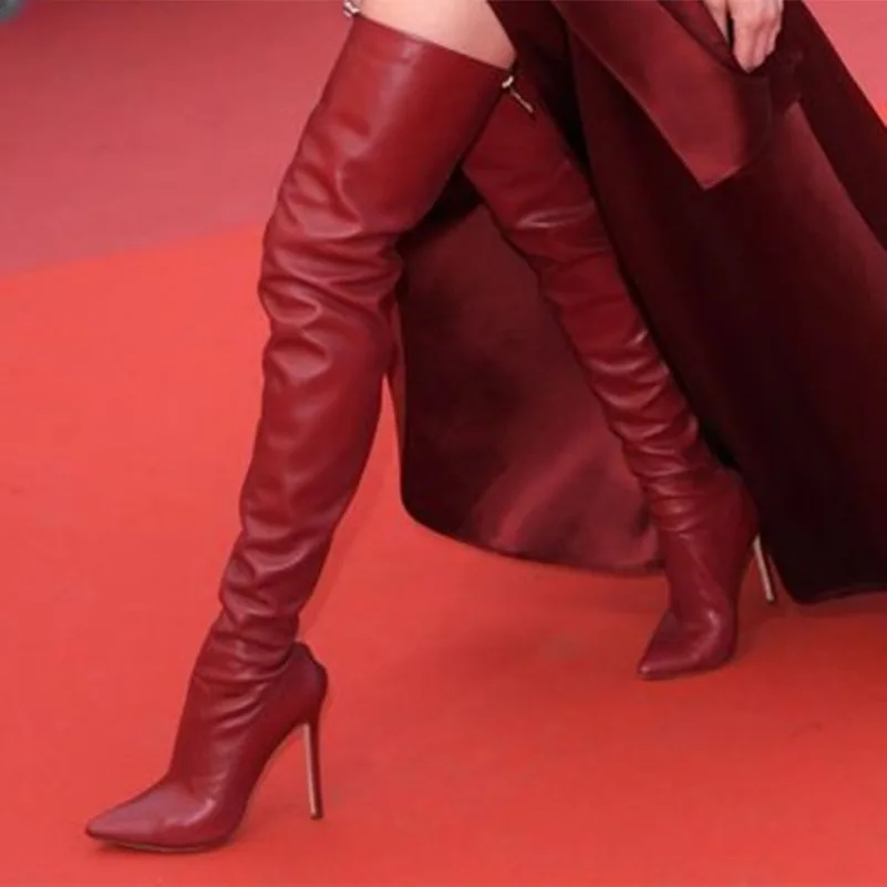 2024 New Fashion Women Winter Thigh Boots Back Zipper Sexy Stiletto Heels Pointed Toe Pretty Red Club Shoes Women US Size 5-15