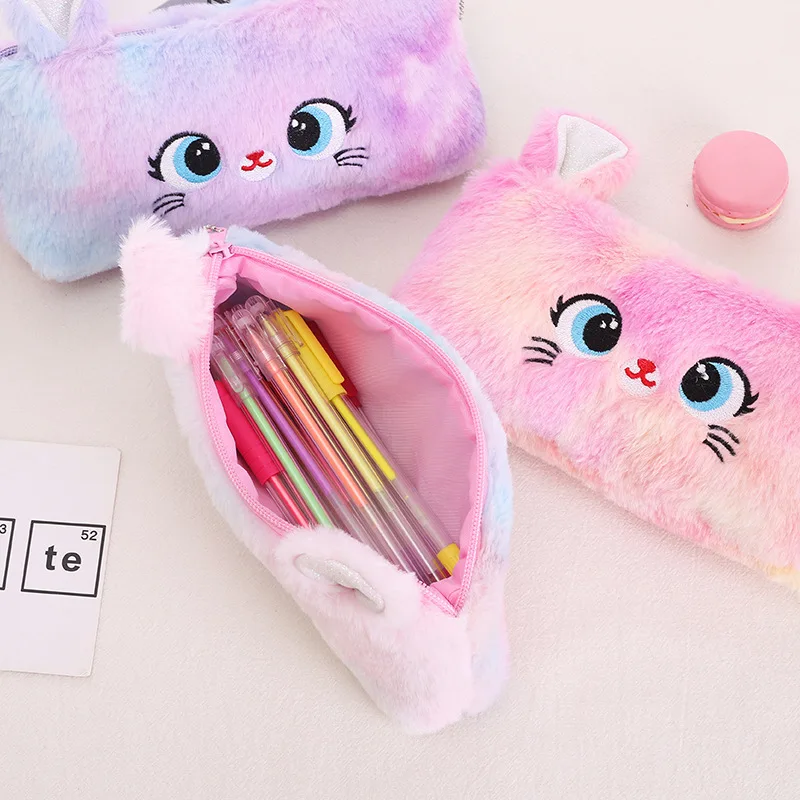 Pink kitten plush pen pouch cute stationery storage creative money bag school bag pendant fashion personality pouch