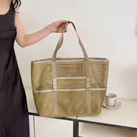 Large Capacity Canvas Beach bag Versatile Commuting Shopping Shoulder bag Lightweight Semi Transparent Mesh Hollow bag - Image 5