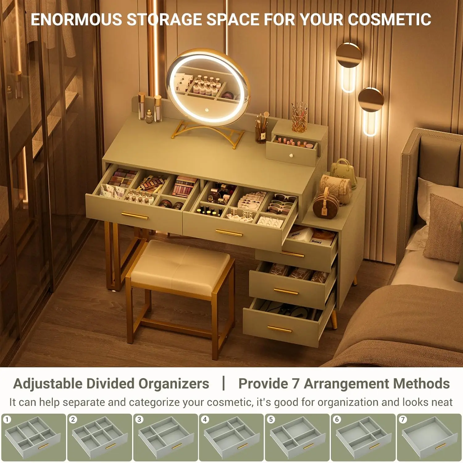 Modern Makeup Vanity Table Set with 6 Storage Drawers and Cushioned Stool for Bedroom, Dressing Table with Divided Organizers