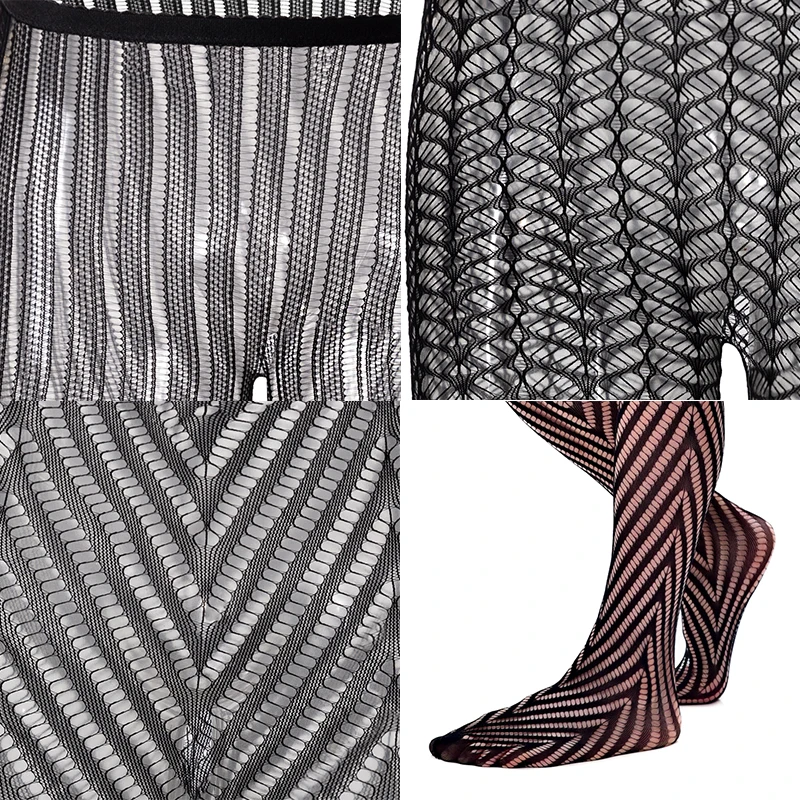 Sexy Mesh Lace One-Piece Stockings Womens Mens Ultra Thin Fishnet Sheer Striped Bodysuit Stockings Exotic Sissy Gay Leggings