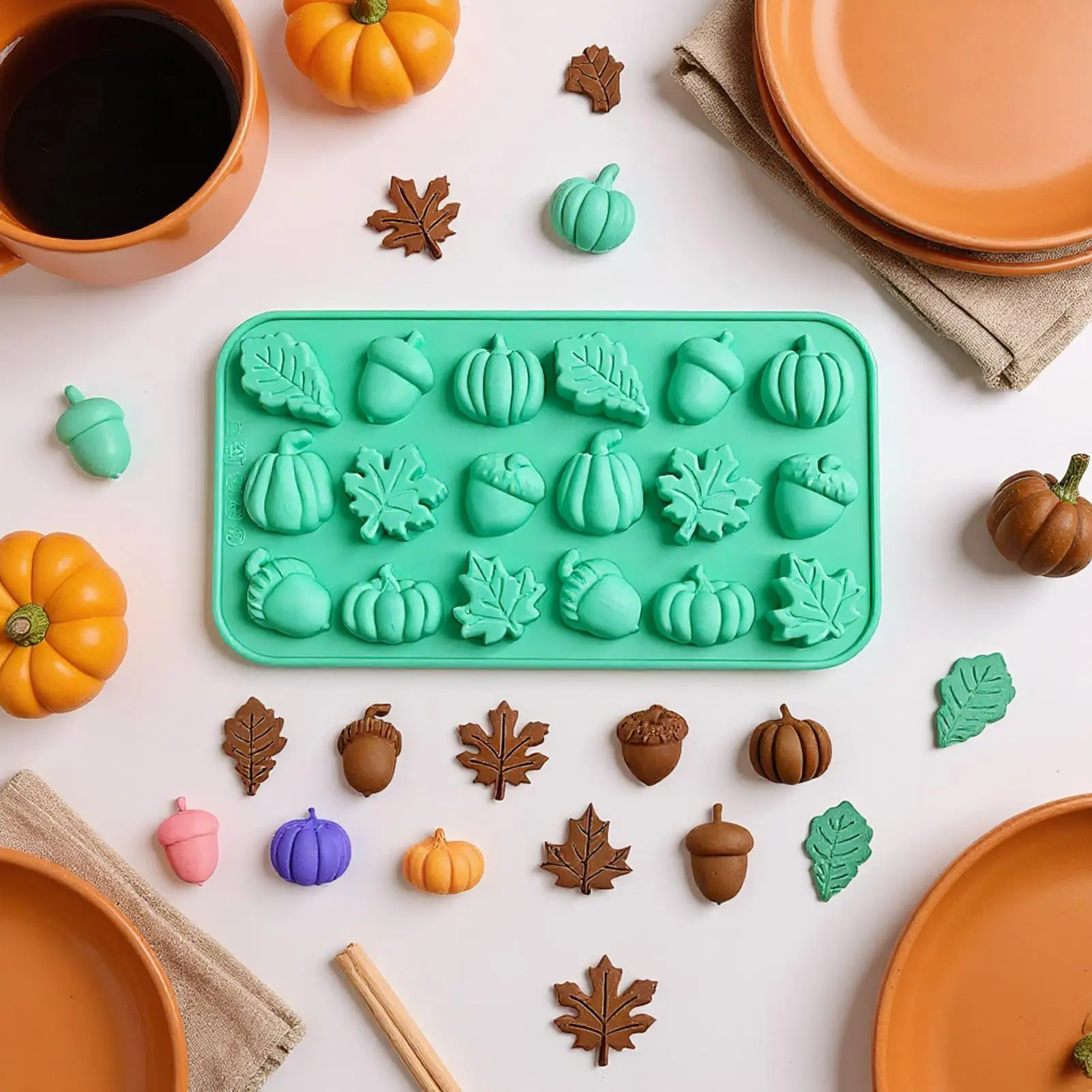 18-Cavity Pumpkin Pine Cone Maple Leaves Moulds Easy Release Silicone Mini Mold for Soap Candle Chocolate Halloween Decoration