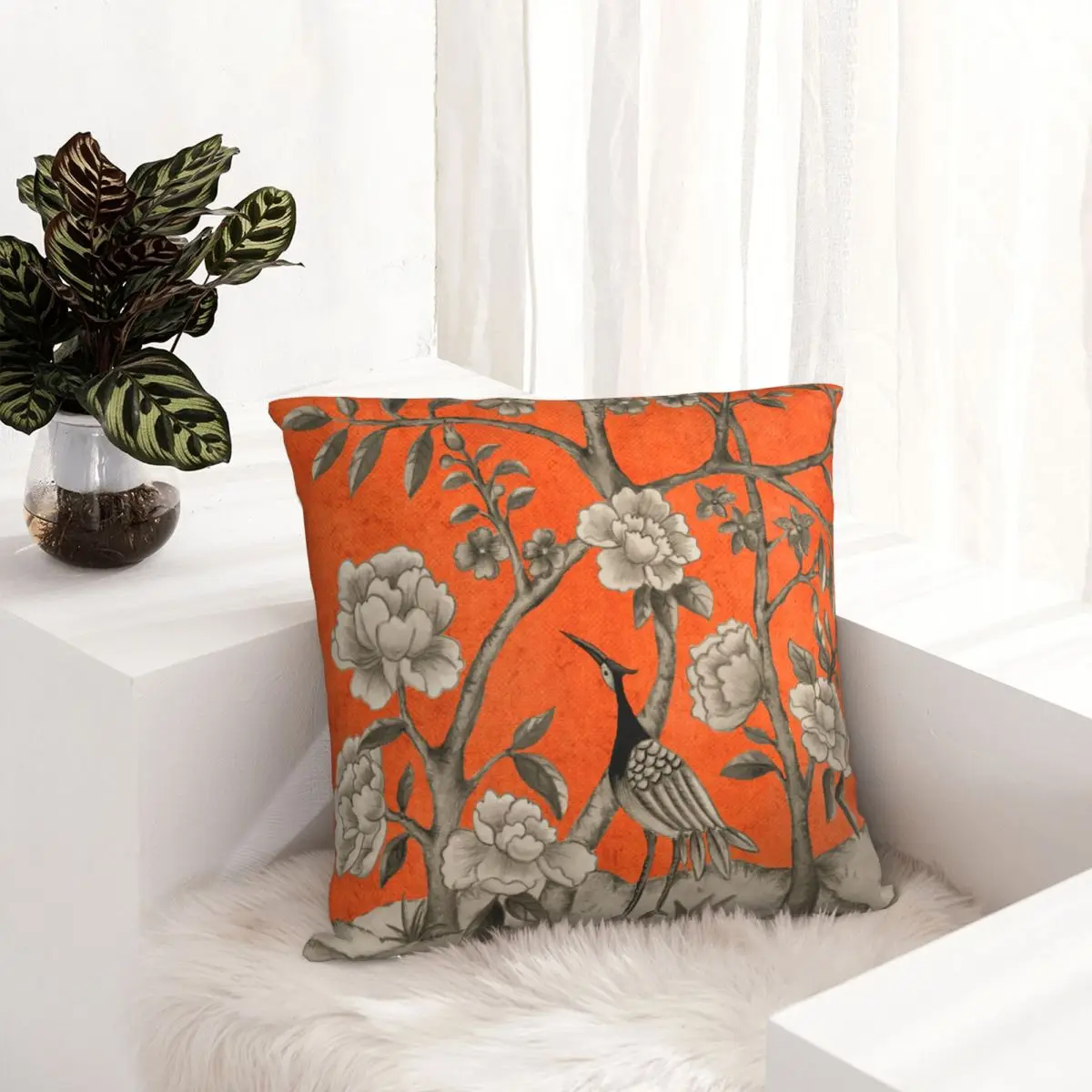 

Vintage Orange Chinoiserie Bird Peonies In Sepia Pillowcase Printing Polyester Cushion Cover Gift Throw Pillow Case Cover Seater