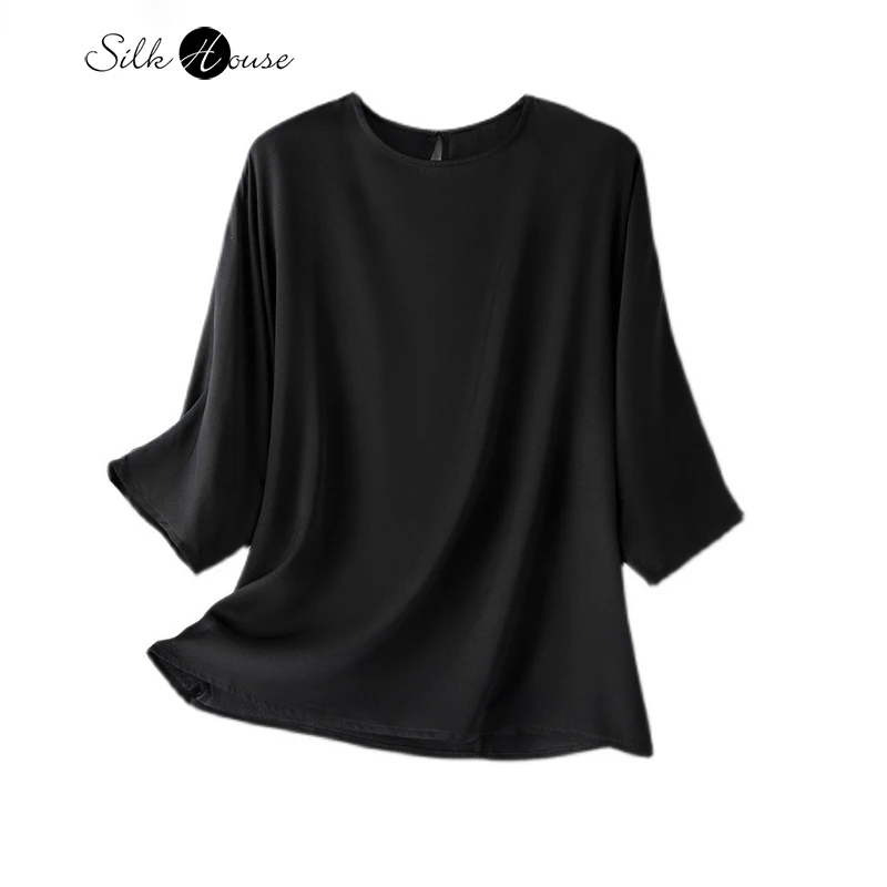 2024-women's-fashion-spring-new-93-natural-mulberry-silk-elastic-double-qiao-three-quarter-sleeve-black-versatile-basic-t-shirt