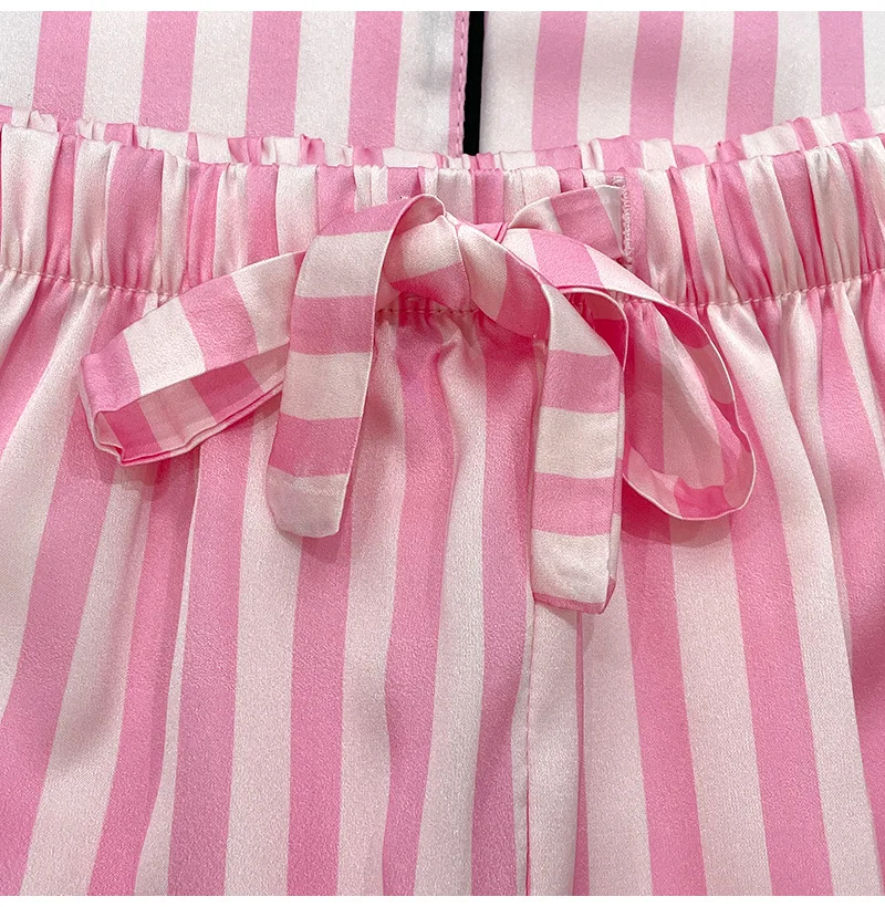 2024 Summer Pijama Women's New Pink Stripe Small V Ice Silk Pajamas Women's Cardigan Home Wear Sweet Sleepwear Shorts Set