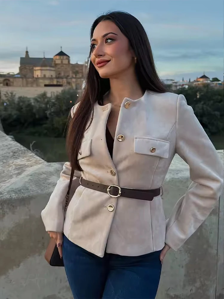 Chic Fashion Suede Blazer Woman Autumn Single Breasted Long Sleeves Belt Blazers Jacket Casual New Women's Suit Coat