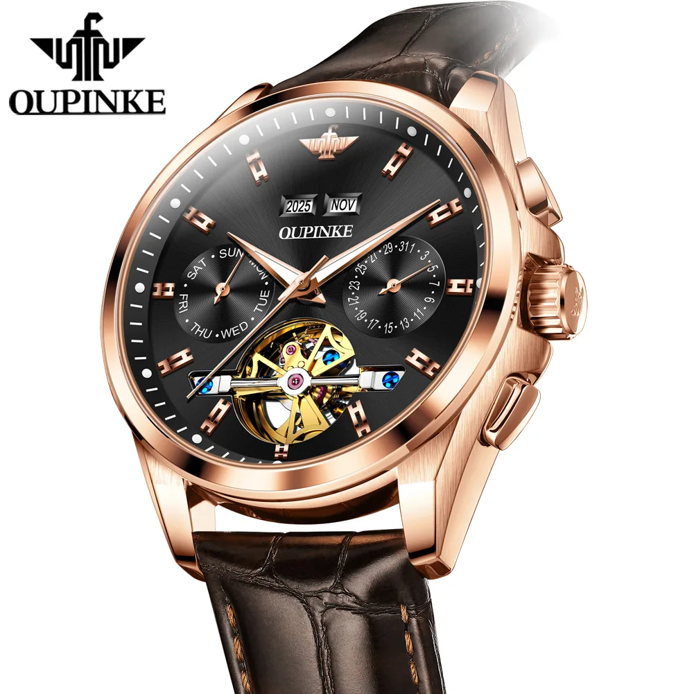 OUPINKE 3291 Man Watch Hollow Skeleton Mechanical Watch For Men Synthetic Sapphire Mirror Waterproof Date Automatic Wristwatch