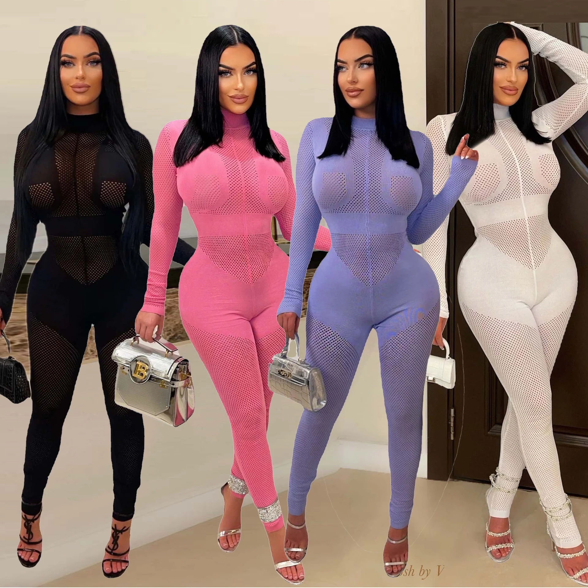 Knitted Mesh Jumpsuits Crocheted 2023 Winter Fall Jumpsuit  Clothes Women Rompers Bodycon One Piece Elegant Bodysuit Playsuits